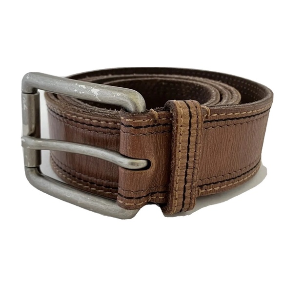 Men's Brown FOSSIL Leather Belt Solid Brass Buckle plated Brushed Silver Size L - Picture 2 of 12